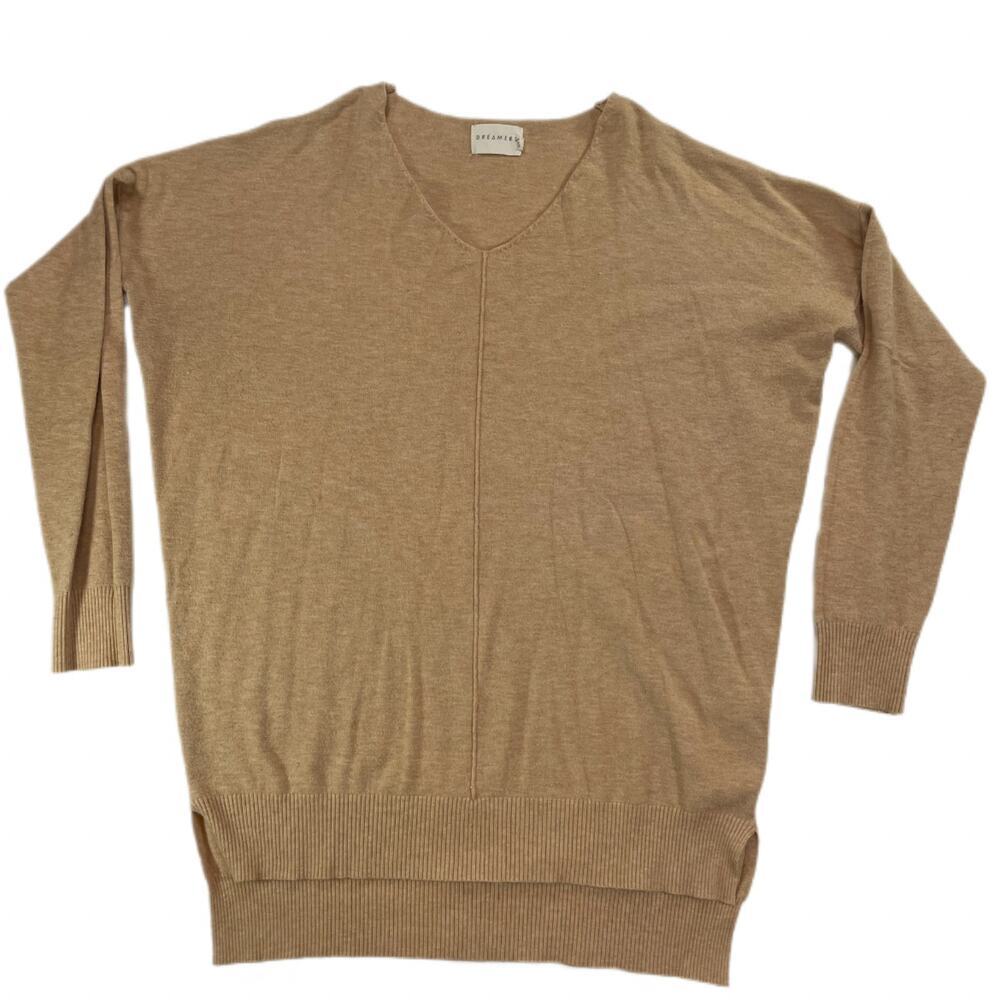 Dreamers by Debut V-Neck Oversized Sweater Tan Camel Dolman Sleeve S/M Women